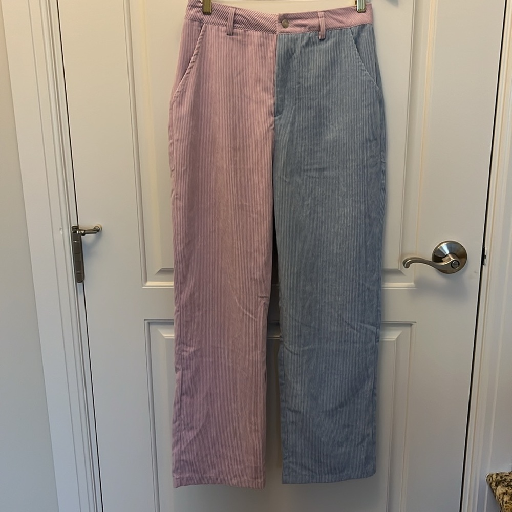 Vintage Salanta Pants Ribbed Polyester Color Block Pastels Lilac Blue US 6